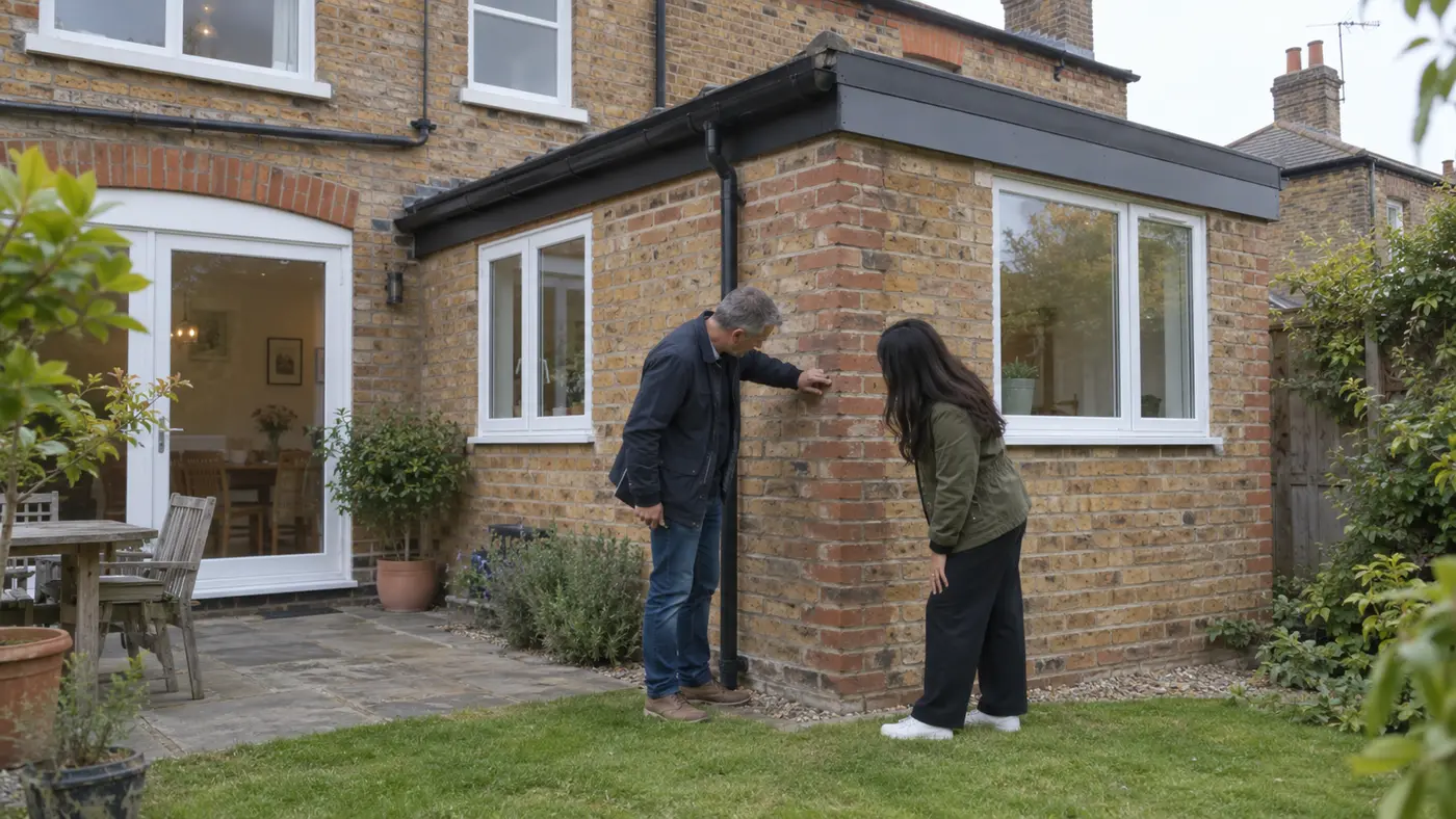 Prospective buyers checking a rear extension on a British house