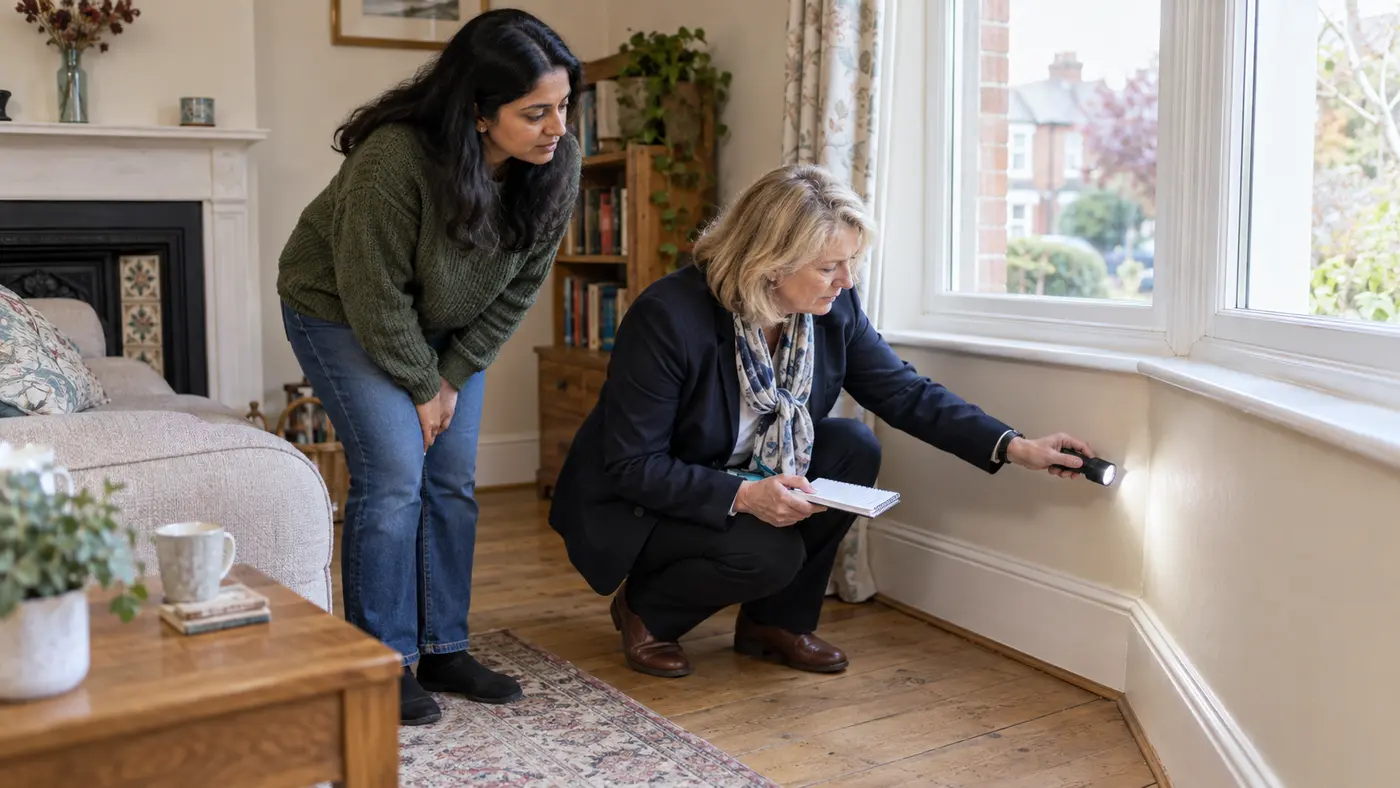 A surveyor and prospective buyer checking the condition of a room