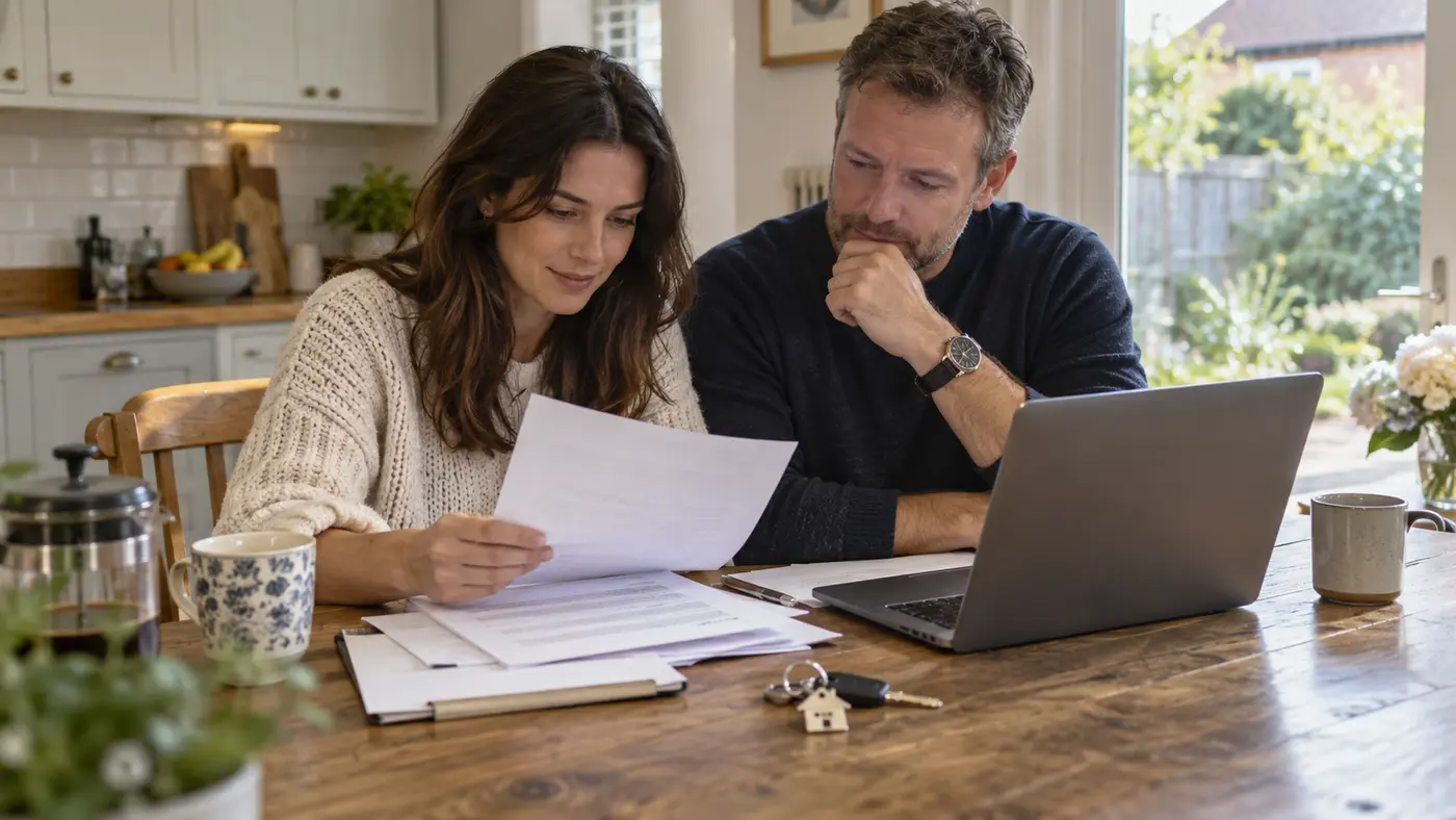 Home buyers reviewing property papers at a kitchen table