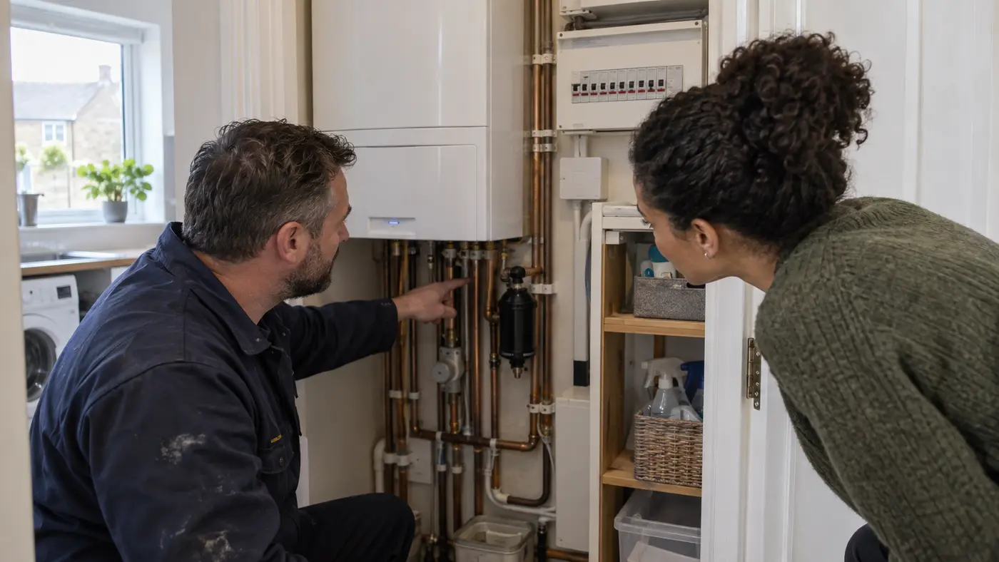 A tradesperson explaining a home boiler and consumer unit to a buyer