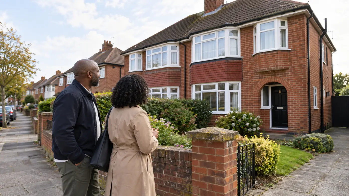 Prospective buyers looking carefully at a British semi-detached house